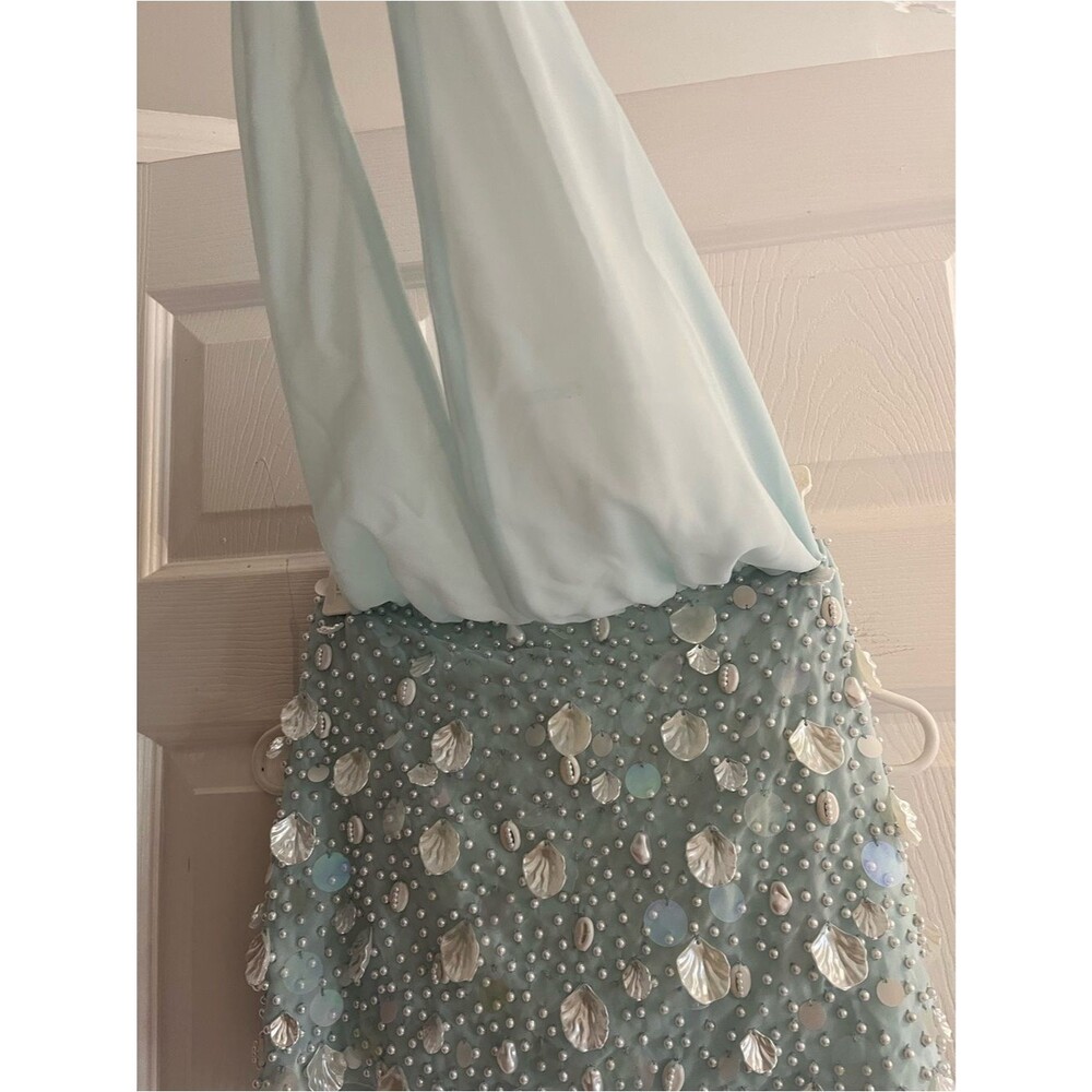 NEW Oh Polly Mini Dress Light Blue Sela Beaded Seashell Halter Low Rise size 0 - Picture 4 of 7